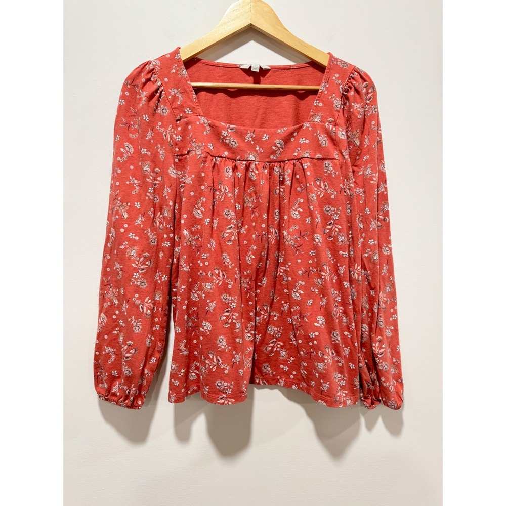 Lucky Brand Red Floral Square Neck Babydoll Long Sleeve Top Medium